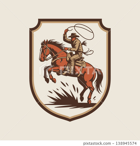 Cowboy Riding Horse Shield Emblem Illustration Cowboy Riding Horse Shield Emblem Illustration 138945574