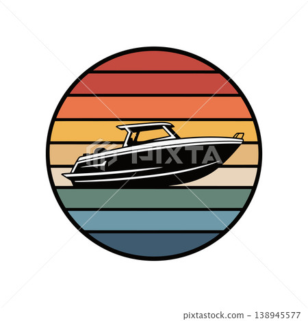 Motorboat in Retro Sunset Circle Illustration	 138945577