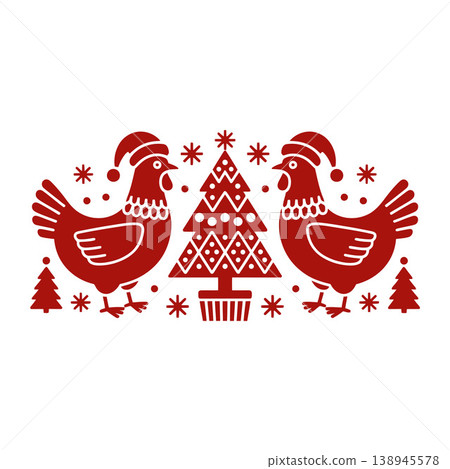 Chickens with Christmas Tree Holiday Scene Illustration Chickens with Christmas Tree Holiday Scene Illustration 138945578