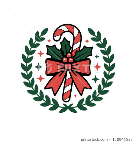Candy Cane with Holly Wreath Illustration Candy Cane with Holly Wreath Illustration 138945583
