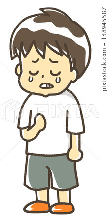 A person crying out of sadness, wearing a short-sleeved shirt and shorts. 138945587