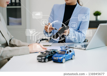 Insurance advisor comforting stressed customer during car accident claim consultation. Emotional support, financial assistance 138945677