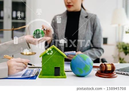 Eco business concept with ESG, green home, legal consulting, climate responsibility and sustainable investment for corporate strategy and environmental governance. Eco business concept with ESG, green home, legal consulting, climate responsibility and sustainable investment for corporate strategy and environmental governance. 138945708