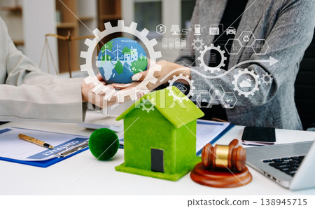 Eco business concept with ESG, green home, legal consulting, climate responsibility and sustainable investment for corporate strategy and environmental governance. Eco business concept with ESG, green home, legal consulting, climate responsibility and sustainable investment for corporate strategy and environmental governance. 138945715