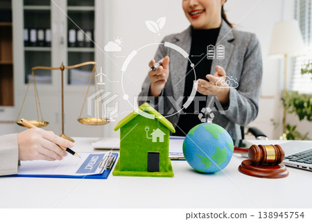 Eco business concept with ESG, green home, legal consulting, climate responsibility and sustainable investment for corporate strategy and environmental governance. 138945754