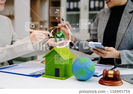 Eco business concept with ESG, green home, legal consulting, climate responsibility and sustainable investment for corporate strategy and environmental governance. Eco business concept with ESG, green home, legal consulting, climate responsibility and sustainable investment for corporate strategy and environmental governance. 138945759