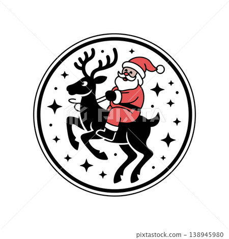 Santa Riding Reindeer Christmas Circle Illustration Santa Riding Reindeer Christmas Circle Illustration 138945980
