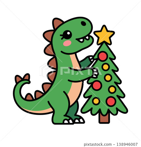 Cute Dinosaur Decorating Christmas Tree Cartoon Illustration Cute Dinosaur Decorating Christmas Tree Cartoon Illustration 138946007