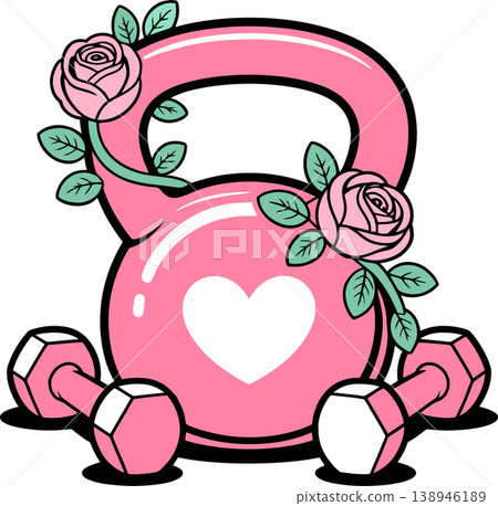 Pink Kettlebell with Roses and Heart Illustration Pink Kettlebell with Roses and Heart Illustration 138946189