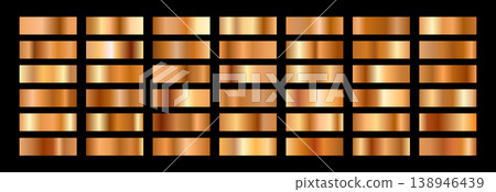 Vector metal set with glossy Gold gradient. Bronze surface for shiny yellow steel. Silver copper Foil collection 138946439