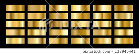 Metallic gradient swatches. Gold Foil Palette. Copper satin shine for metal degrade strip design. Champagne texture patterns with holographic effect. Vector illustration Metallic gradient swatches. Gold Foil Palette. Copper satin shine for metal degrade strip design. Champagne texture patterns with holographic effect. Vector illustration 138946441