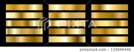 Gold gradient Foil swatches. Metallic Palette and copper satin. Metal degrade strip for shine effects. Holographic premium color design. Vector illustration 138946446
