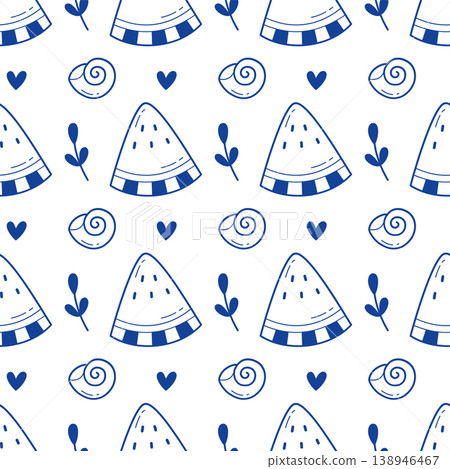 Watermelon and shell seamless pattern blue line art doodle summer beach background for textile print Watermelon and shell seamless pattern blue line art doodle summer beach background for textile print 138946467