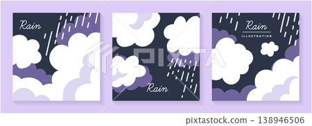 一組三幅手繪風格的方形雨景插圖，結合了海軍藍和淡紫色的雲和雨滴。 138946506