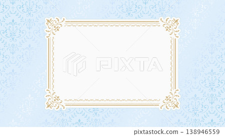 Elegant summer gold frame and blue damask pattern background - Vintage style vector graphic Elegant summer gold frame and blue damask pattern background - Vintage style vector graphic 138946559