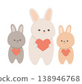 一隻母兔和兩隻小兔子，母兔身上帶著一顆愛心。 138946768