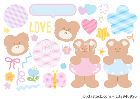 Cute pastel vector illustrations of teddy bear's expressions, flowers, butterfly, heart, star, text bubbles for zoo, stickers, cartoon, characters, comic, mascot, standee, patch, blossom, animal, doll 138946950