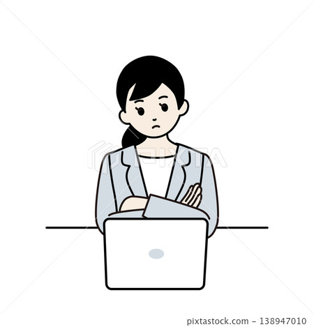 A businesswoman sits in front of her computer, arms crossed, deep in thought. A businesswoman sits in front of her computer, arms crossed, deep in thought. 138947010