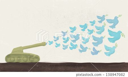Flock of peace doves carrying olive branch flew out from the muzzle of the military tank's cannon watercolors hand painted childish style have blank space. Flock of peace doves carrying olive branch flew out from the muzzle of the military tank's cannon watercolors hand painted childish style have blank space. 138947082