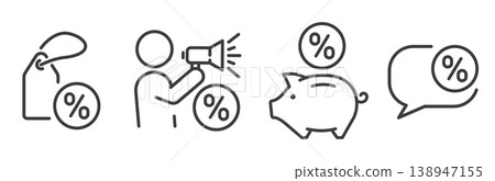 Advertising, discounts, marketing, savings icons. Set of offer icons. Line art. Vector illustration eps 10. 138947155