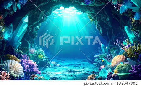 A fantastical ocean background featuring a sunlit underwater cave and a landscape of coral and seashells. 138947302