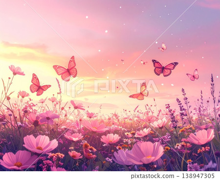 A fantastical and romantic background featuring butterflies fluttering in the sunset sky and a field of flowers. 138947305