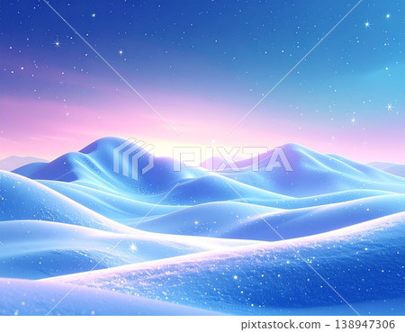 A fantastical winter background image featuring a snowfield enveloped in a starry sky and soft, diffused light. 138947306