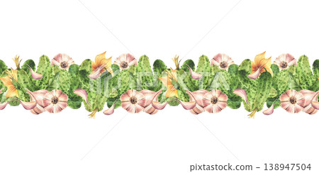 Cucumbers and garlic bulb with cloves, leaves and flowers seamless border. Watercolor Hand drawn illustration for homemade farm vegetable pickling, food packaging on Isolated white background pattern Cucumbers and garlic bulb with cloves, leaves and flowers seamless border. Watercolor Hand drawn illustration for homemade farm vegetable pickling, food packaging on Isolated white background pattern 138947504