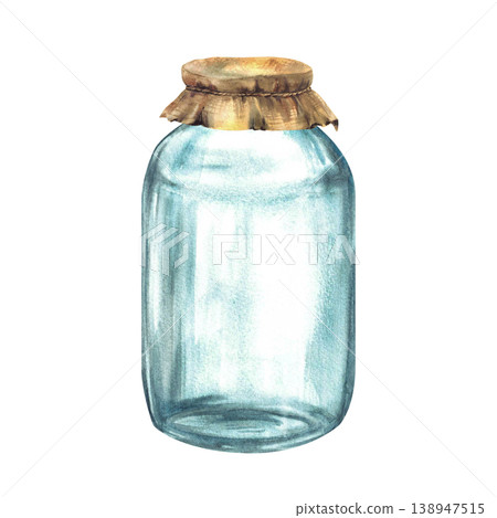 Watercolor glass jars Canvas burlap fabric lid tied with rope around. Empty containers for storage or home made preservation. Hand drawn realistic vintage illustration isolated on white background. 138947515