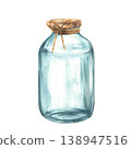 Watercolor glass jars with gold lid and beige rope bow. Empty transparent reusable eco-friendly container for storage or food preservation. Hand drawn vintage illustration isolated on white background 138947516