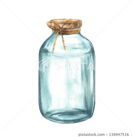 Watercolor glass jars with gold lid and beige rope bow. Empty transparent reusable eco-friendly container for storage or food preservation. Hand drawn vintage illustration isolated on white background 138947516