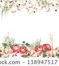 Tomatoes with garlic bulb, cloves, dill, bay leaves and black peppercorns frame. Watercolor set of fresh vegetables and herbs for marinating or pickling label, card. Hand drawn isolated illustration. 138947517