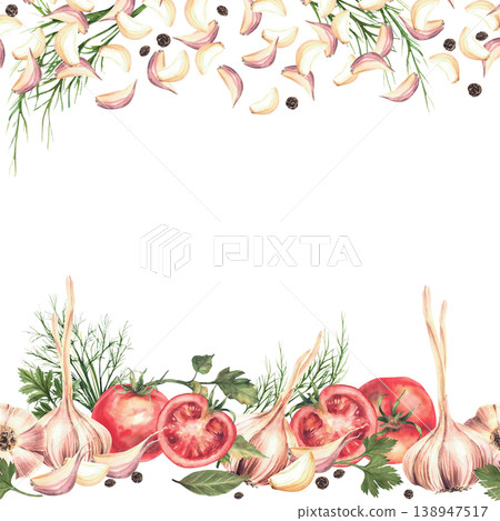 Tomatoes with garlic bulb, cloves, dill, bay leaves and black peppercorns frame. Watercolor set of fresh vegetables and herbs for marinating or pickling label, card. Hand drawn isolated illustration. 138947517