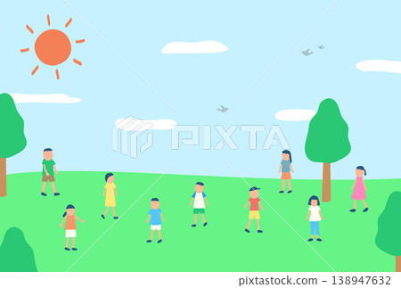 A set of illustrations of children spending time in nature. A set of illustrations of children spending time in nature. 138947632