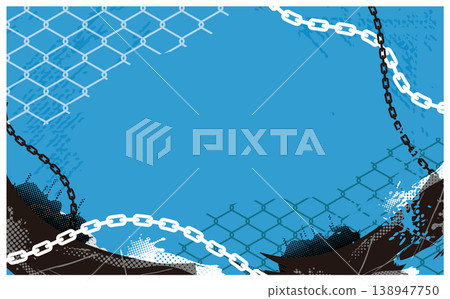 Chain and wire mesh punk frame grunge style vivid cyan background Chain and wire mesh punk frame grunge style vivid cyan background 138947750
