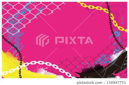 Punk-style background frame with chains and net, vivid ink splatter design Punk-style background frame with chains and net, vivid ink splatter design 138947751