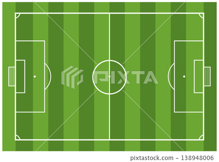 Top view of a soccer field with clear white markings and green striped grass texture. Clean sports background ideal for football strategy planning, match analysis, and game design layouts 138948006