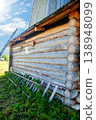 Corner of Wooden Log Cabin with Notched Joint, Close-Up 138948099