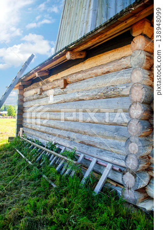 Corner of Wooden Log Cabin with Notched Joint, Close-Up 138948099