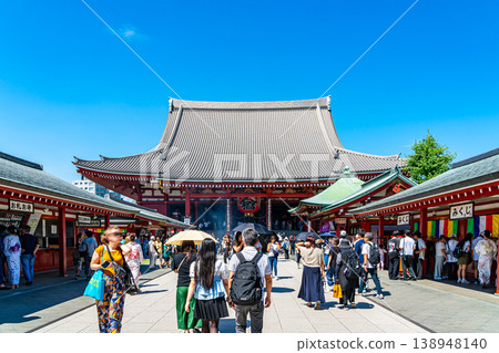 [Tokyo] The main hall of Senso-ji Temple under a beautiful summer blue sky 138948140