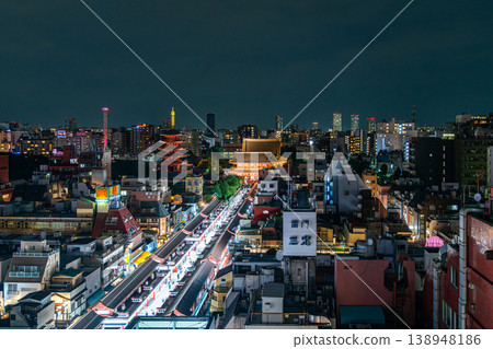 [Tokyo] Nakamise Street at Senso-ji Temple at night, viewed from above. 138948186