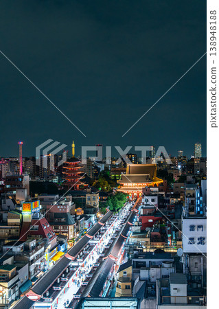 [Tokyo] Nakamise Street at Senso-ji Temple at night, viewed from above. 138948188