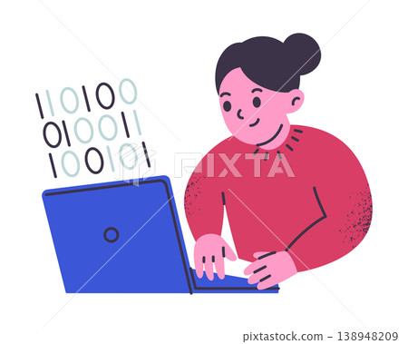 Young girl character at laptop learning coding, flat cartoon child programmer. Programming hobby and school lessons, kids computer science vector illustration, isolated colored scene Young girl character at laptop learning coding, flat cartoon child programmer. Programming hobby and school lessons, kids computer science vector illustration, isolated colored scene 138948209