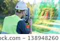 An engineer at work on a geodetic instrument. Geodesy surveying is the cadastral work of performing measurements of premises using a modern total station geodetic instrument. 138948260