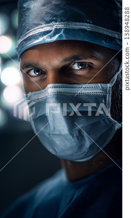 Surgeon looks towards the camera while wearing a mask in a bright operating room during a surgical procedure 138948288