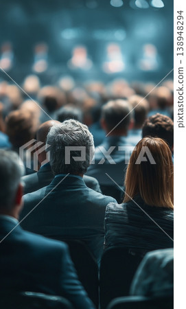 Many people sitting in a large hall attending a conference during daytime with speakers visible in the background 138948294