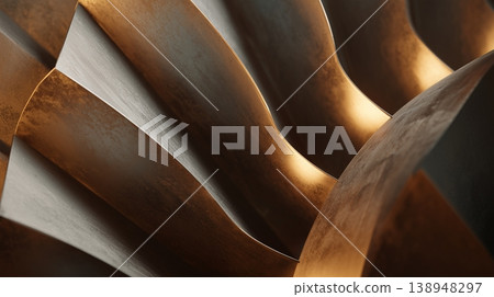 Curved metal shapes with alternating light and shadow create a dynamic texture in a sculptural design 138948297