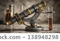 Old microscope and test tube on a table in a laboratory setting, showing science equipment used for experiments and research 138948298