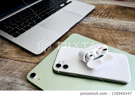 配備電腦、智慧型手機、平板電腦和無線耳機的現代化工作空間。 138948347