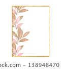 Gold rectangular frame with watercolor pink and gold leaves. Vertical glitter border. Botanical illustration. Hand drawn aesthetic 138948470